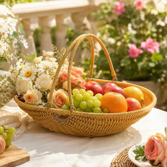 Handwoven Wicker Harvest Basket with Handle, Garden Gathering Basket