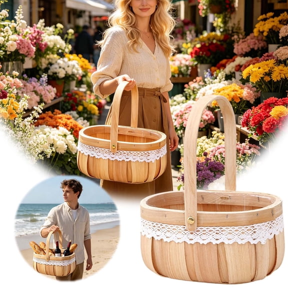 Handwoven Wicker Portable Picnic Tote with Handle, Natural Wood, Versatile for Shopping, Storage, Outdoor Use, Sturdy and Lightweight, Size 25x20.5cm, Decorative and Functional.