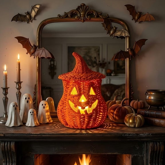 Handwoven Wicker Pumpkin with Detachable Witch Hat Lid - Rustic Rattan Style Spooky Jack-O'-Lantern Centerpiece Halloween Decoration, Dark Botanical & Fall Tabletop Mantle Decor, 11", Orange