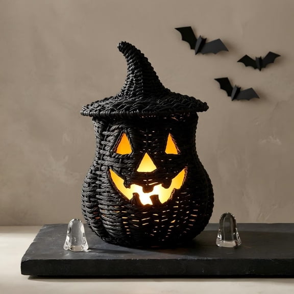 Handwoven Wicker Pumpkin with Detachable Witch Hat Lid - Rustic Rattan Style Spooky Jack-O'-Lantern Centerpiece Halloween Decoration, Dark Botanical & Fall Tabletop Mantle Decor, 11", Black
