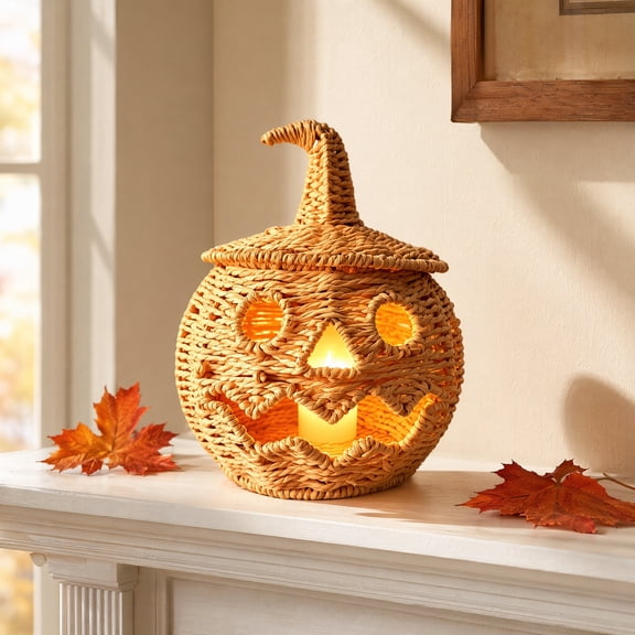 Handwoven Wicker Pumpkin Jack-O'-Lantern with Detachable Witch Hat Lid, Halloween Pumpkin Decoration with LED Candle, Rustic Rattan Fall Harvest Tabletop Decor for Home Porch, 10.3Inch, Orange