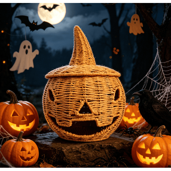 Handwoven Wicker Pumpkin Jack-O'-Lantern with Witch Hat Lid, Natural Rattan Fall Centerpiece, Spooky Rustic Halloween Table Display for Living Room