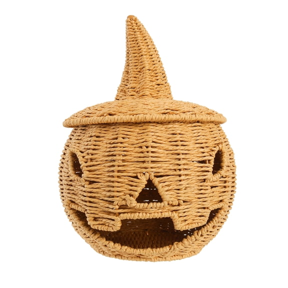 Handwoven Wicker Pumpkin Storage Basket with Removable Lid - Halloween & Fall Home Decor for Mantel, Shelf & Party