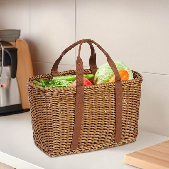 Handwoven Wicker Shopping Tote with Sturdy Handles – Reusable Market for Groceries Picnic Foraging Flower Gathering and Home Storage Lightweight Craft, 29 cm×15 cm×20 cm, Dark brown A