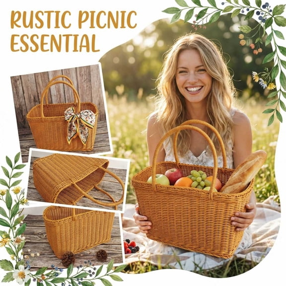 Handwoven Wicker Tote Bag with Dual Handles Large Capacity Rectangular Basket for Everyday Use Storage Shopping Picnic