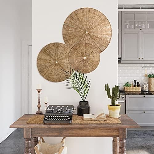 Handwoven Wicker Wall Hanging Baskets Set of 3 Round Jute Wall Decor (22", 19", 15"), Southwestern Boho Scandinavian Farmhouse Room Decorative Accents$$Home Decor, Kitchen, & Other