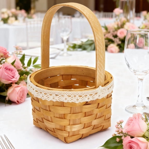 Handwoven Wood Flower Girl Basket with Lace Trim, Rustic Wicker Handheld Basket for Wedding Ceremony, Large Capacity Portable Decor Basket, Multi-use Picnic Photo Prop & Small Storage Basket