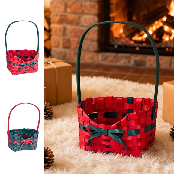 Handwoven Wood Strip Gift Basket with Handle, Red and Dark Green, Bow Decor, for Holiday Gifts and Snack Storage