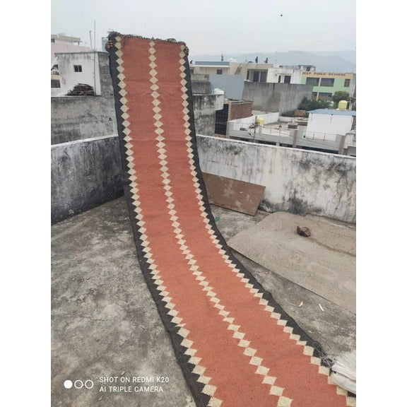 Handwoven Wool Jute Runner Rug: Bohemian Turkish Kilim Style