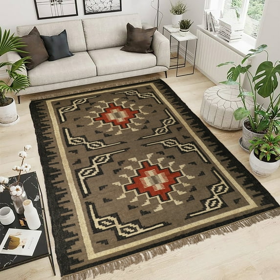 Kilim Wool Jute Rug – Handwoven Southwestern Area Rug with Tribal Geometric Pattern & Fringe 6 X 9 FEET