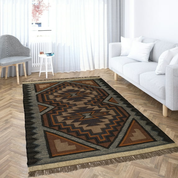 Kilim Wool Jute Rug – Handwoven Southwestern Area Rug with Tribal Geometric Pattern & Fringe 5 X 8 FEET