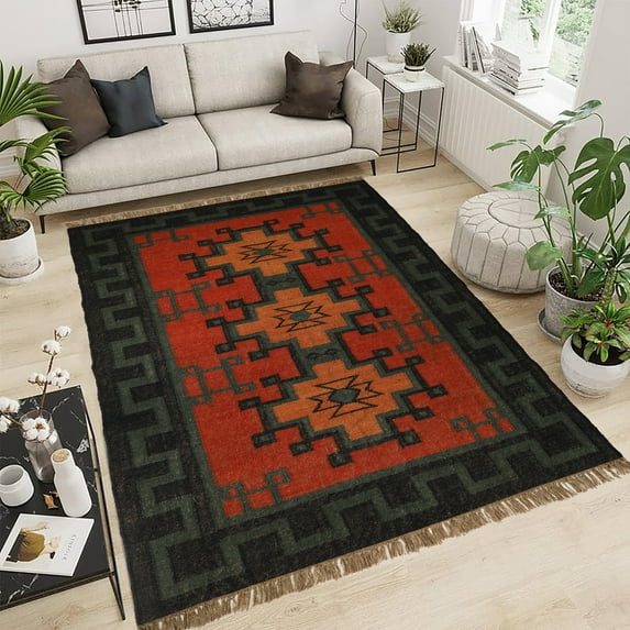 Kilim Wool Jute Rug – Handwoven Southwestern Area Rug with Tribal Geometric Pattern & Fringe 7 X 10 FEET