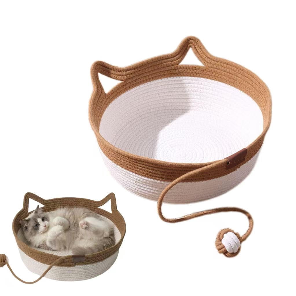 Handwoven cat Basket, cat Toy Basket with a Playing Rope Ball, Foldable Scratchable Hammock with Cat Ear Design - Breathable & Easy to Clean