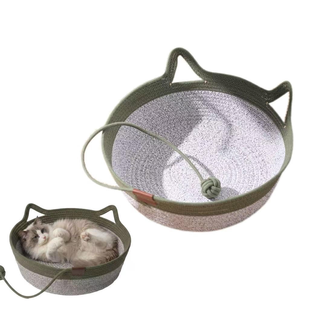 Handwoven cat Basket, cat Toy Basket with a Playing Rope Ball, Foldable Scratchable Hammock with Cat Ear Design - Breathable & Easy to Clean