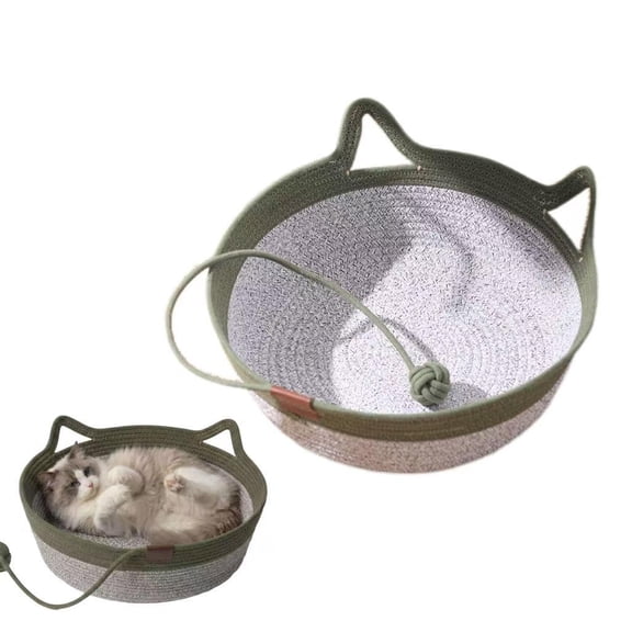 Handwoven cat Basket, cat Toy Basket with a Playing Rope Ball, Foldable Scratchable Hammock with Cat Ear Design - Breathable & Easy to Clean