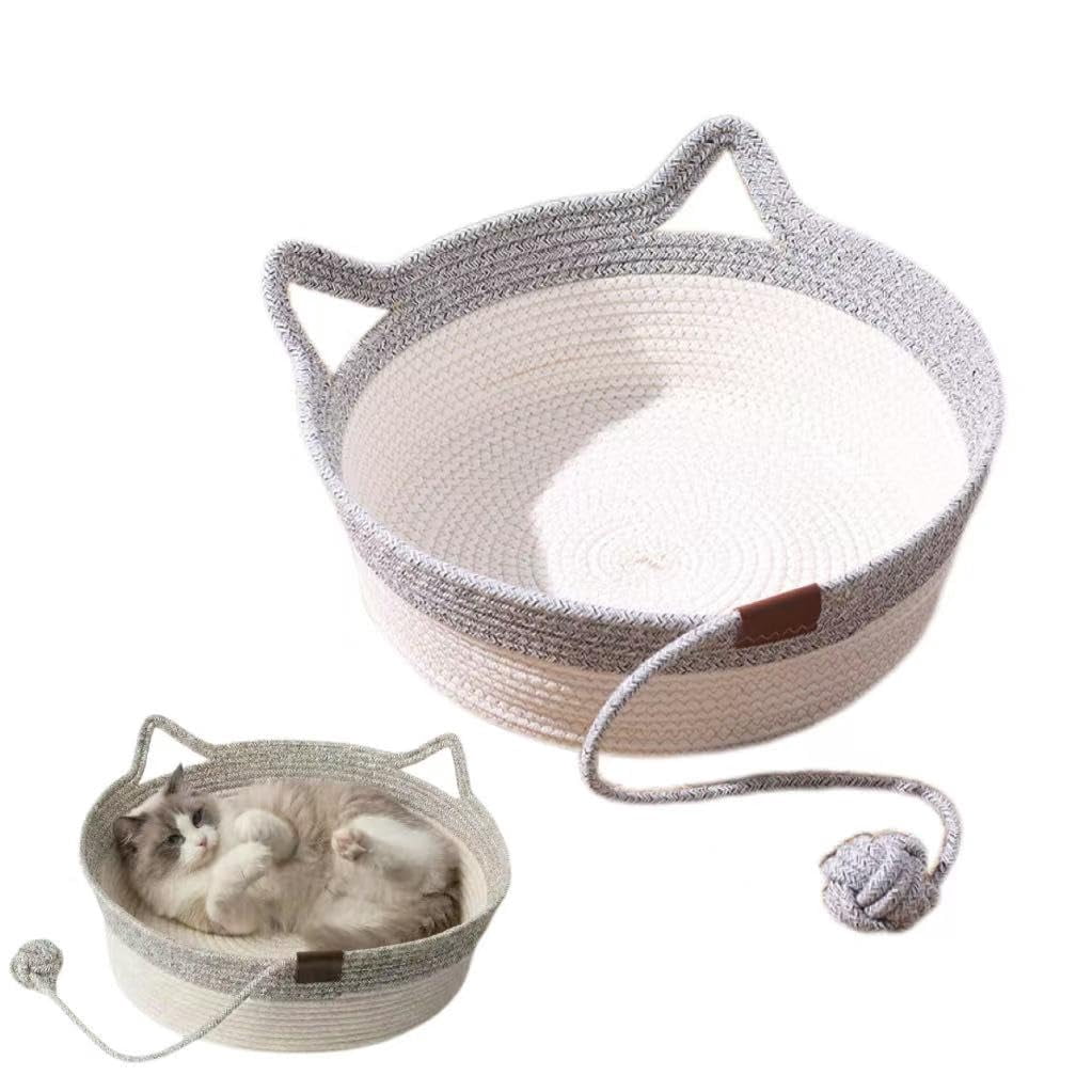 Handwoven cat Basket, cat Toy Basket with a Playing Rope Ball, Foldable Scratchable Hammock with Cat Ear Design - Breathable & Easy to Clean