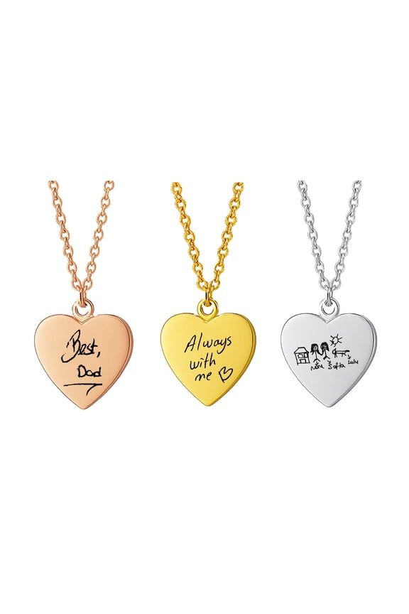 Handwriting Engraved Heart Necklace - Memorial Necklace Custom Kids Drawing Necklace Personalized Keepsake Jewelry with Loved One's Handwriting Note – Unique Memorial Gift for Mom, Dad, Grandparents