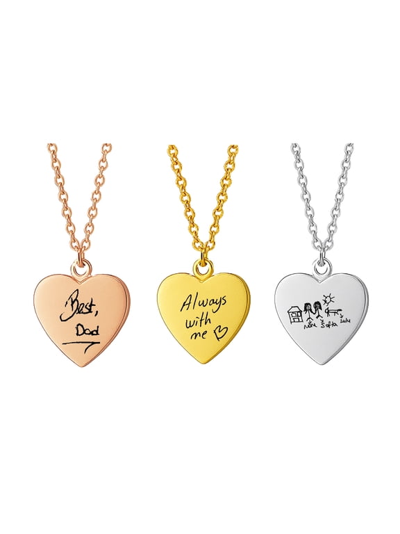 Handwriting Engraved Heart Necklace - Memorial Necklace Custom Kids Drawing Necklace Personalized Keepsake Jewelry with Loved One's Handwriting Note – Unique Memorial Gift for Mom, Dad, Grandparents