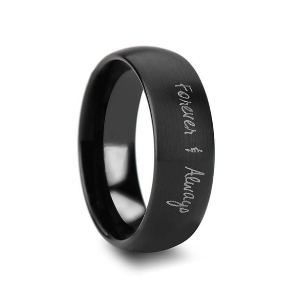 Handwritten Engraved Domed Black Tungsten Ring with Brushed Finish - 4mm - Size 2.5