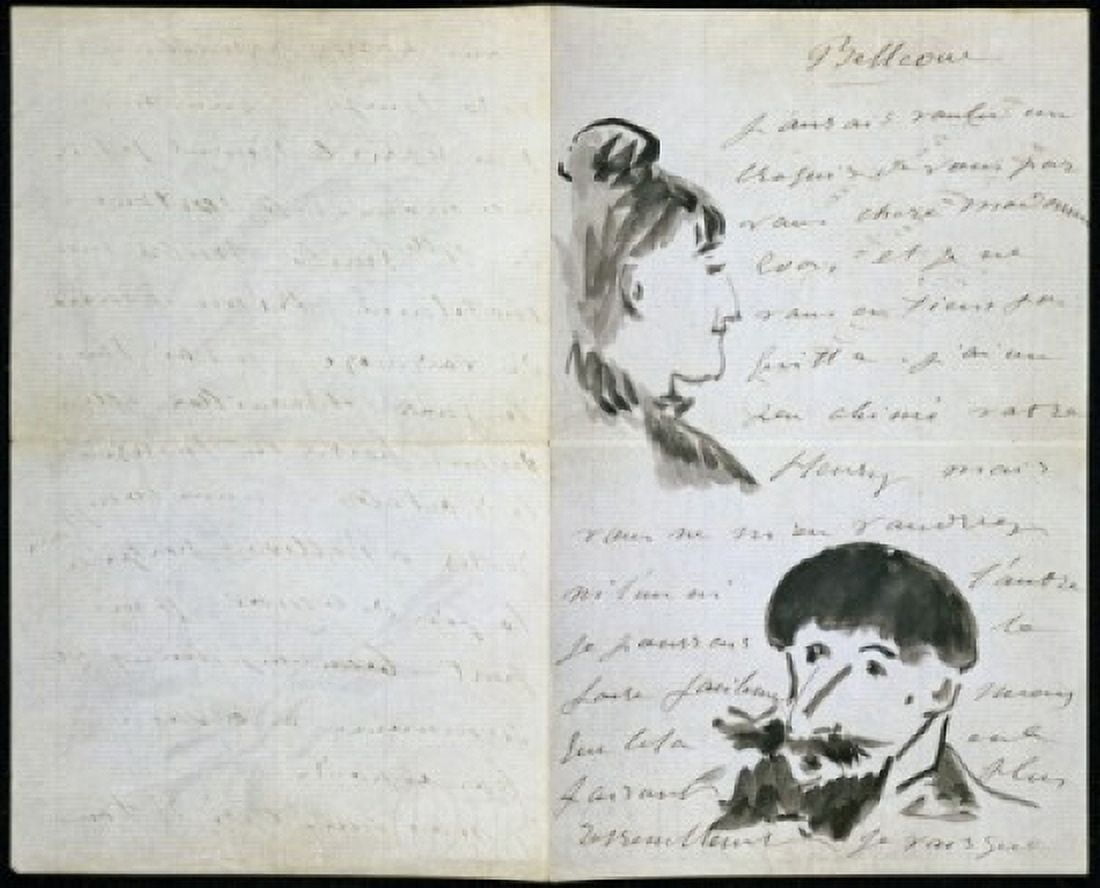 Handwritten Letter by Manet with Drawings Edouard Manet (1832-1883 French) Ink on paper Canvas Art - Edouard Manet (24 x 36)