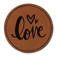thumbnail image 1 of Handwritten Love Script with Hearts 2.5" Faux Leather Round Engraved Iron-On Patch - Brown, 1 of 6