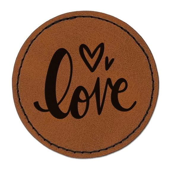 Handwritten Love Script with Hearts 2.5" Faux Leather Round Engraved Iron-On Patch - Brown