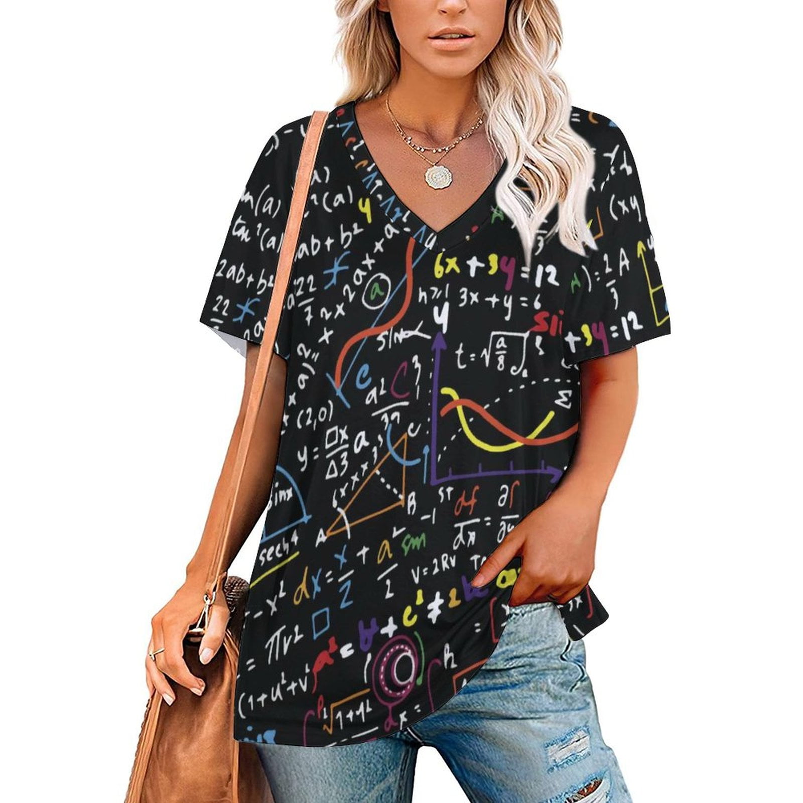 Handwritten Math Formulas Pattern V Neck T Shirts for Women Causal