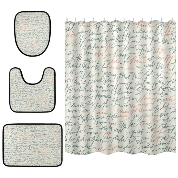 Handwritten Text Pattern Bathroom Accessory Curtain Sets Bath Curtain Anti-Slip Mats and Toilet Pad 66x72in