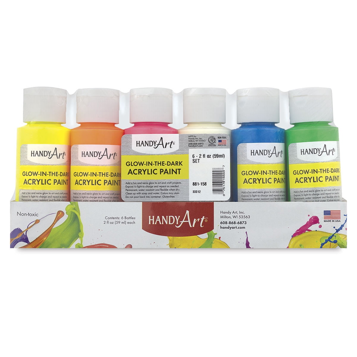 Handy Art Glow-in the Dark Acrylic Paint Set, 2 Ounce Bottles, Multiple Colors, Set of 6
