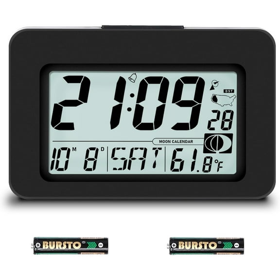 Handy Atomic Alarm Clock - 6'' Battery Operated Digital Clock with Seconds, Self-Setting, Auto Sync, DST, Selectable Time Zones,Portable Travel Desk Clock with 5s Touch Backlight for Bedroom