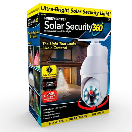 Handy Brite Solar Security 360 LED Light that Looks like a Camera with a Beam Spread of 120 Degrees.