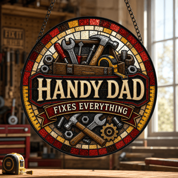 Handy Dad Stained Glass Suncatcher, Fixes Everything Window Hanging Gift