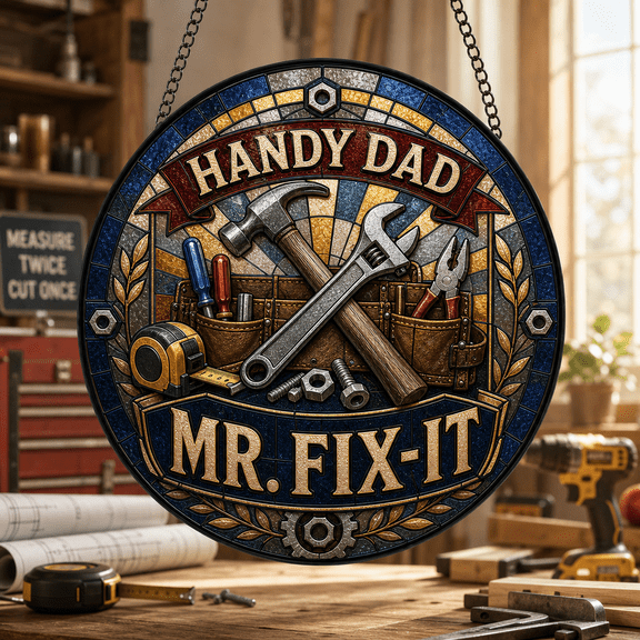 Handy Dad Stained Glass Suncatcher, Mr. Fix-It Window Hanging Gift for Dad