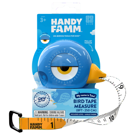 Handy Famm Retractable Mini 8ft Bird Tape Measure STEM Toy, Blue