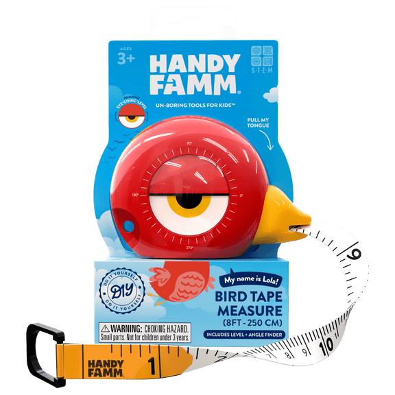 Handy Famm Retractable 8ft Bird Measuring Tape STEM Toy, Red