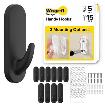 Wrap-It Storage Handy Hooks - The Fin - Hooks for Walls No Damage, Sticky Wall Hook, Heavy Duty Adhesive Removable - Assorted (10 Pack) - Black