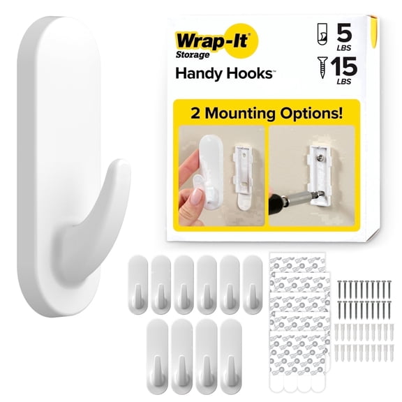 Wrap-It Storage Handy Hooksâ„¢ - The Fin - Dorm Room Essentials, Adhesive Hooks for Hanging, No Damage Removable Wall Hook - Assorted (10 Pack) - White