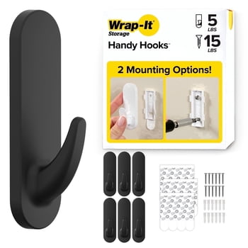 Wrap-It Storage Handy Hooks - The Fin - Adhesive Hooks for Hanging Towels, Coats and Bags, No Damage Heavy Duty Removable - Large (6 Pack) Black