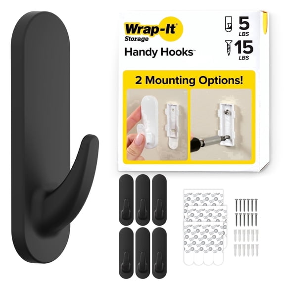 Wrap-It Storage Handy Hooks - The Fin - Adhesive Hooks for Hanging Towels, Coats and Bags, No Damage Heavy Duty Removable - Large (6 Pack) Black