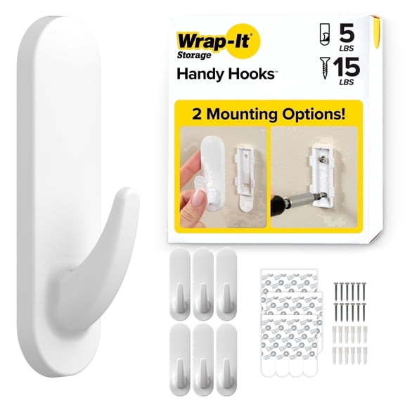 Wrap-It Storage Handy Hooks - The Fin - Wall Sticky Hooks for Hanging, Bathroom Door Hooks, Utility Hooks Damage Free - Large (6 Pack) - White