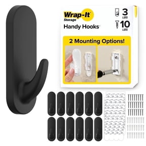 Wrap-It Storage Handy Hooks - The Fin Medium (12 Pack) - Adhesive Wall Hooks, Stick On Hooks for Home Organization and Closet, No Damage - Black