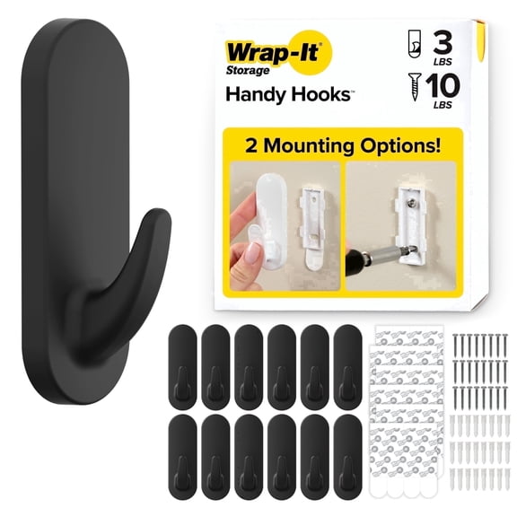 Wrap-It Storage Handy Hooks - The Fin - Adhesive Wall Hooks, Stick On Hooks for Home Organization and Closet, No Damage - Medium (12 Pack) - Black