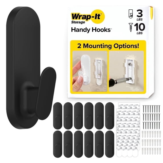 Wrap-It Storage Handy Hooks - The Ian Medium (12 Pack) - Hooks for Walls No Damage, Adhesive Hooks for Hanging, Sticky Hooks Heavy Duty - Black