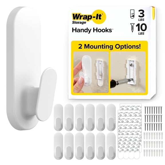 Wrap-It Storage Handy Hooks™ - The Ian - Dorm Room Essentials for Girls, Adhesive Hooks for Hanging, No Damage Removable - Medium (12 Pack) - White