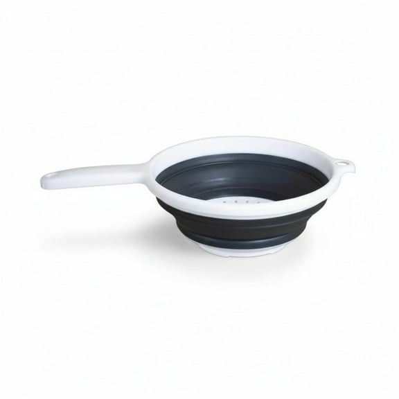 Handy Housewares 8" Round Space Saving Collapsible Silicone Kitchen Colander Food Strainer with Handle - White