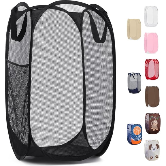 Handy Laundry Collapsible Mesh Pop Up Hamper with Wide Opening and Side Pocket - Breathable, Sturdy, Foldable, Space-Saving Design for Clothes Storage (Black)
