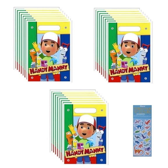 Handy Manny Birthday Party Supplies Bundle includes 24 Plastic Loot Bags, 1 Dinosaur Sticker Sheet