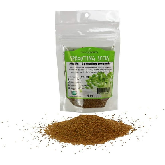 Certified Organic Alfalfa Sprouting Seed - 4 Oz - Handy Pantry Brand - High Sprout Germination- Edible Seeds, Gardening, Hydroponics, Growing Salad Sprouts, Planting, Food Storage & More