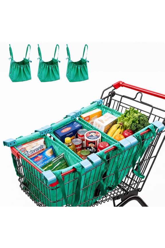 3-Pack Reusable Shopping Bags with Cart Clips and Pockets, Eco-Friendly Grocery Tote Organizer, Foldable, Washable, 40 lb Capacity, Patent- Green