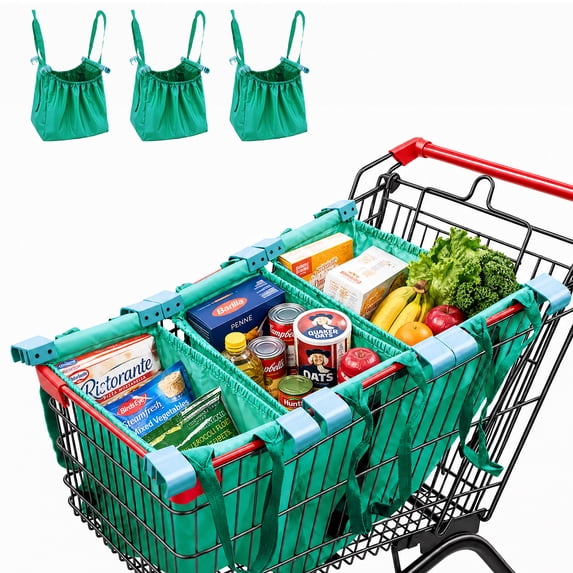 Handy Sandy 3-Pack Reusable Shopping Bags with Cart Clips and Pockets, Eco-Friendly Grocery Tote Organizer, Foldable, Washable, 40 lb Capacity, Patent- Green